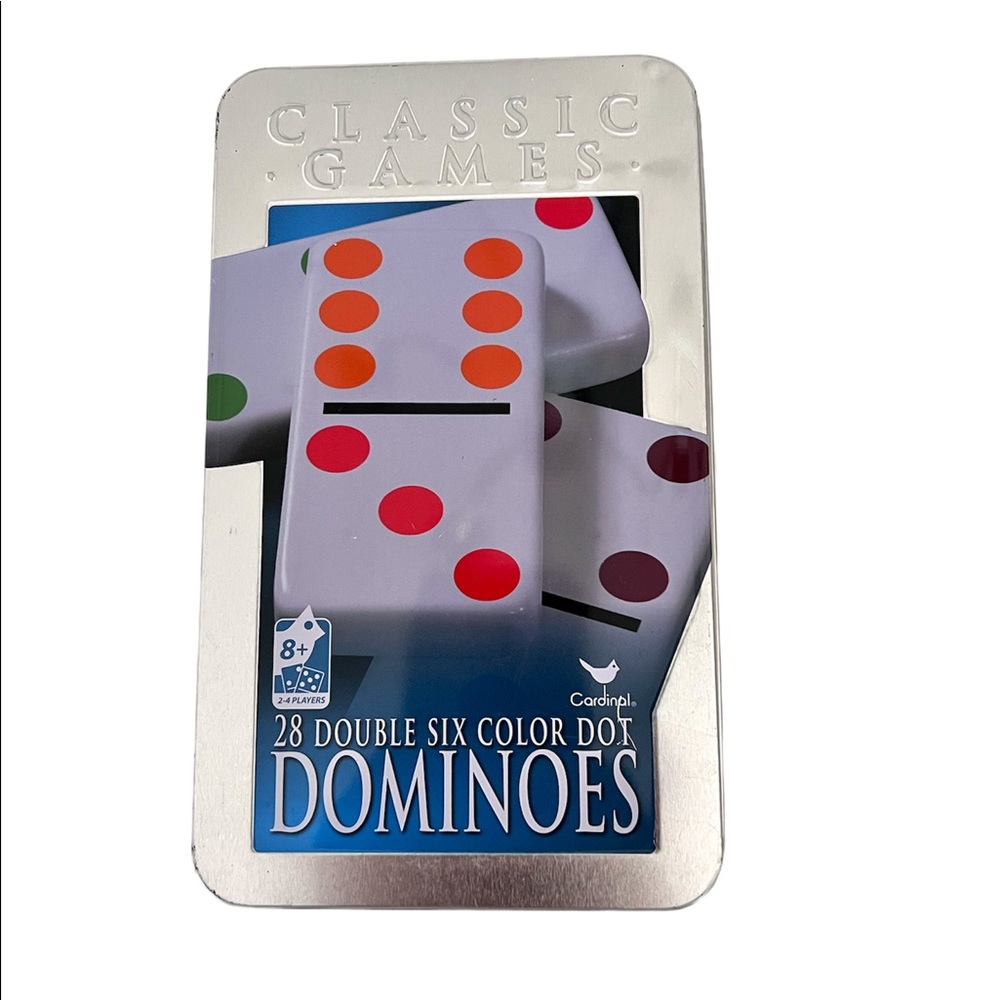 Double Six Dominoes Color Dot Pieces-28 Tiles in Embossed Tin By Cardinal
